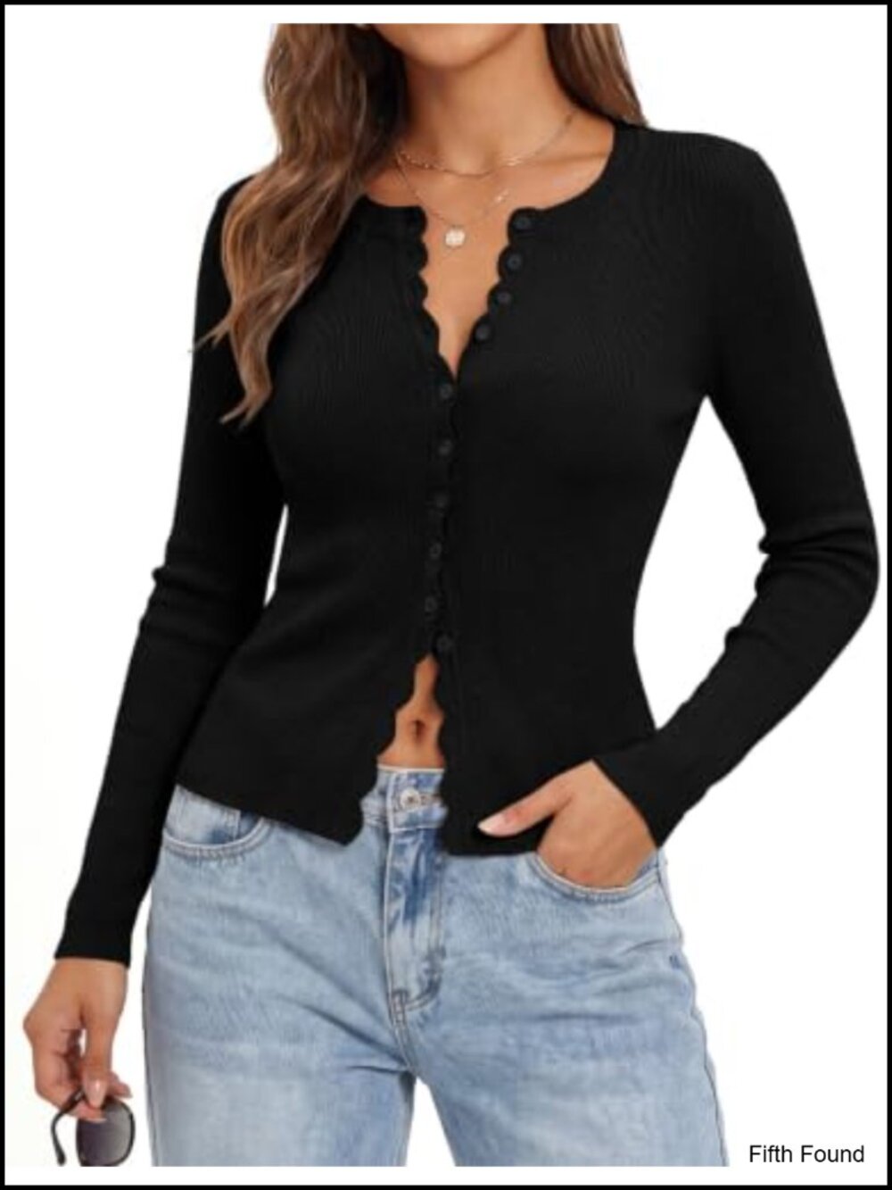 Womens Cropped Cardigan Button Up Scalloped Long Sleeve Slim Fit Knit Sweater